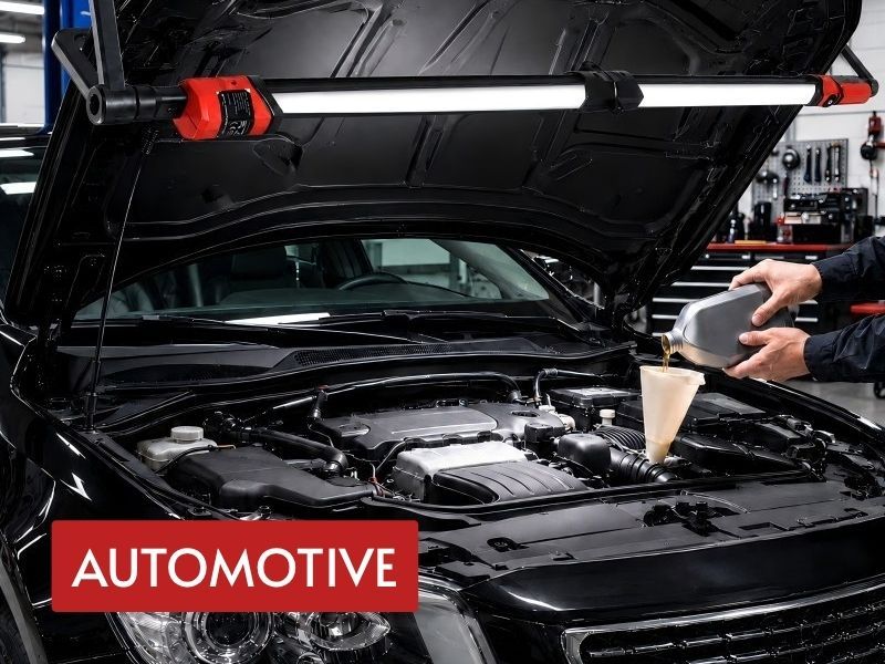 car underhood work light mounted across an open hood to illuminate the engine bay during fluid service