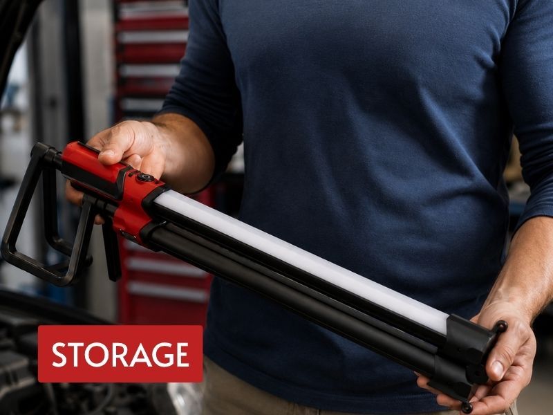 foldable underhood work light shown folded for compact carrying and workshop storage