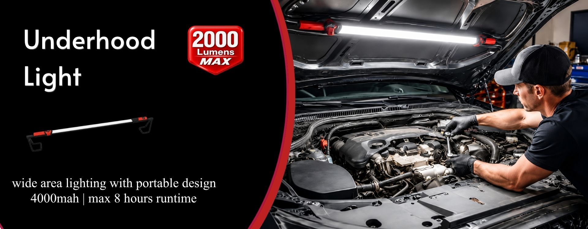 underhood light mounted across an open car hood with 2000 lumen wide-area illumination for engine service