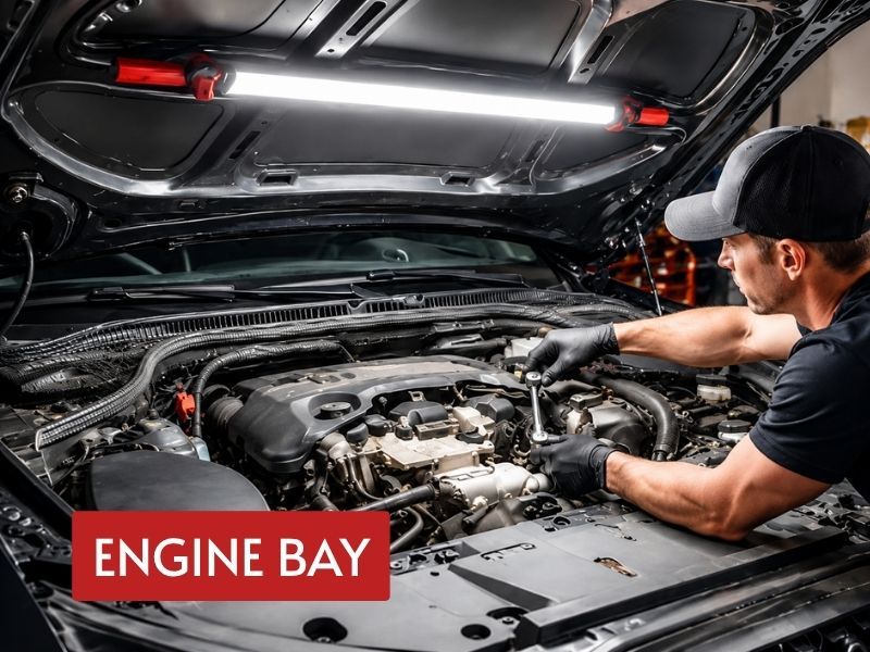 car underhood light illuminating the full engine bay during fluid service in an automotive workshop