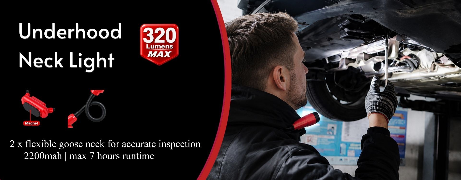 neck light with two flexible LED heads worn by a mechanic for hands free underbody inspection