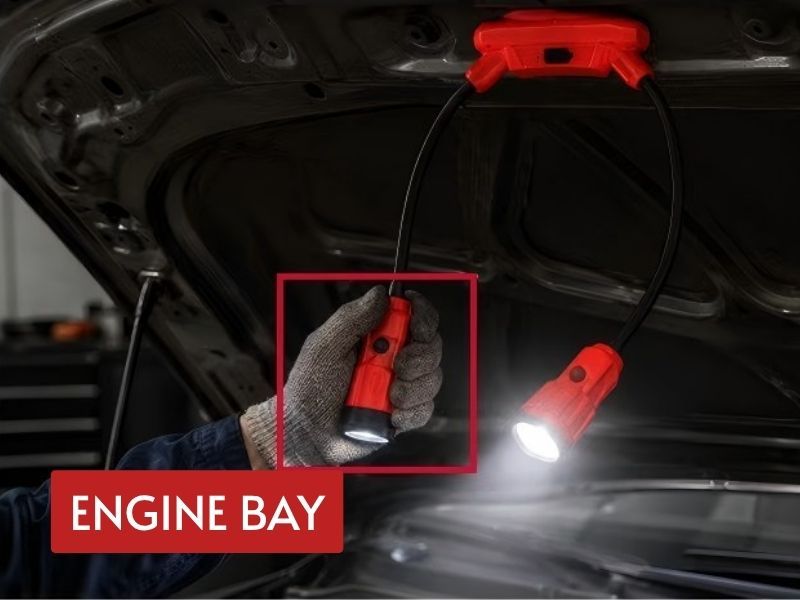 flexible neck light magnetically mounted under a vehicle hood with two adjustable beams aimed into the engine bay