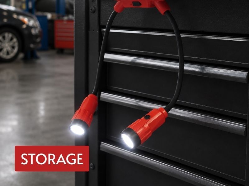 rechargeable neck light attached magnetically to a steel tool cabinet between repair tasks