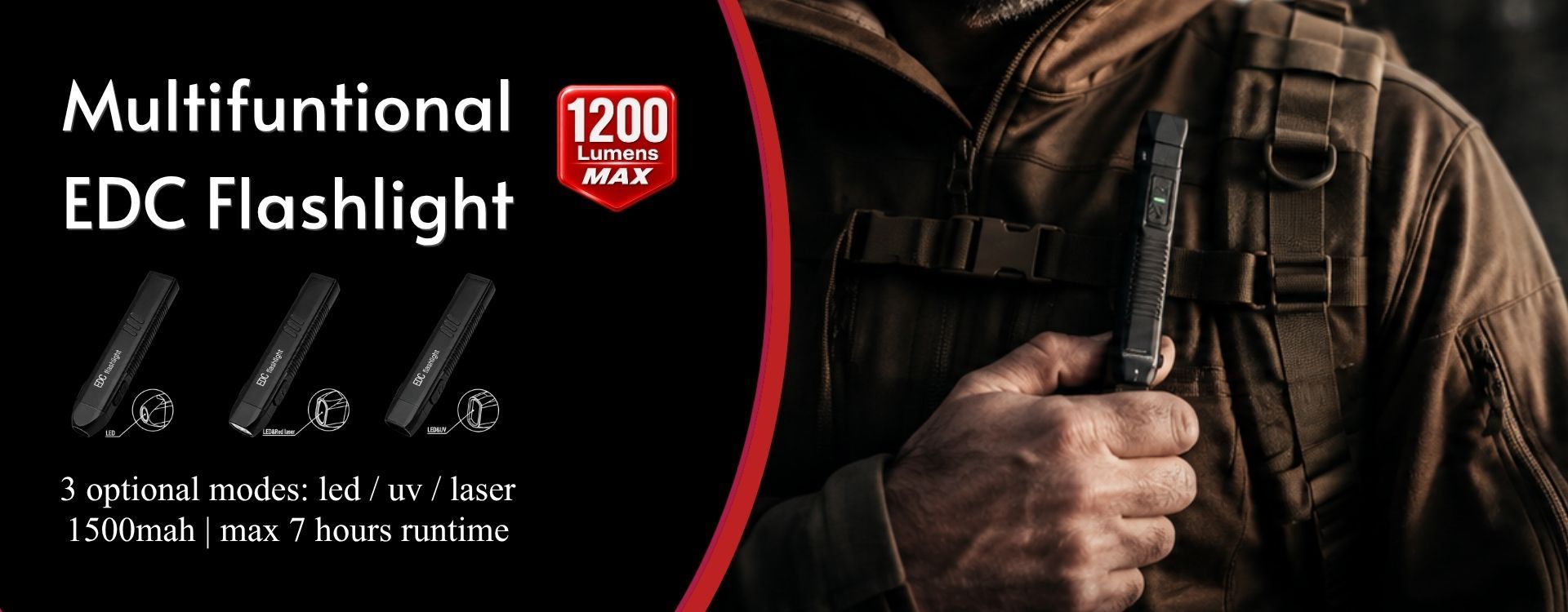 edc pocket flashlight with 1200 lumen output and three optional LED, UV and red laser configurations for everyday carry