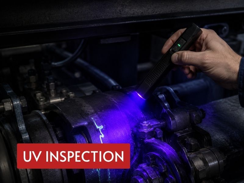 edc pocket light with UV function used to reveal fluorescent traces on industrial equipment
