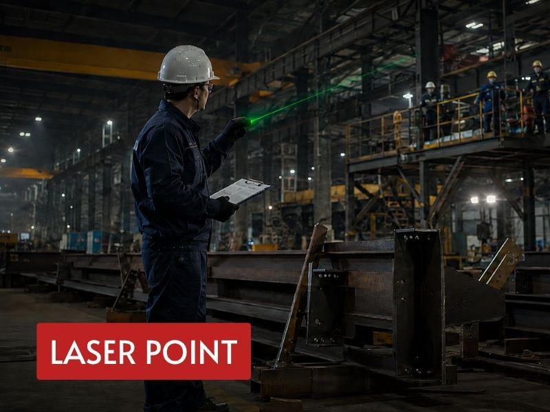 edc flashlight with laser used by an industrial worker to identify a distant inspection point inside a factory