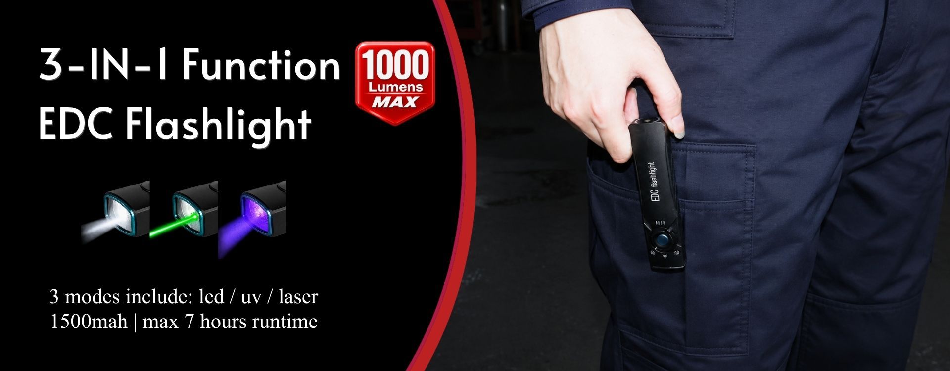 edc flashlight combining 1000 lumen LED lighting, green laser and UV inspection in one flat handheld tool