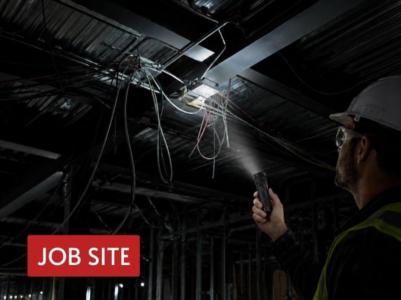 edc flashlight usb c model used by a worker to inspect overhead wiring on a dark jobsite