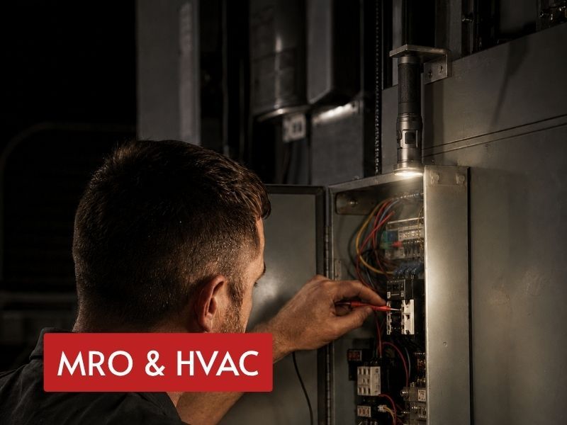 compact flashlight for edc mounted near an electrical control panel while a technician performs MRO and HVAC service