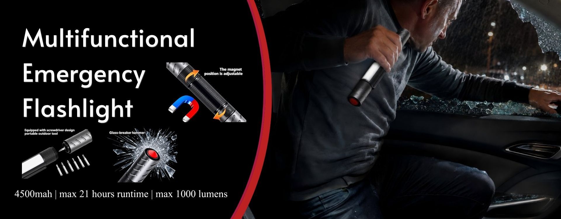 rechargeable flashlight with glass breaker, screwdriver bits, magnetic work light and 4500mAh battery for vehicle emergencies