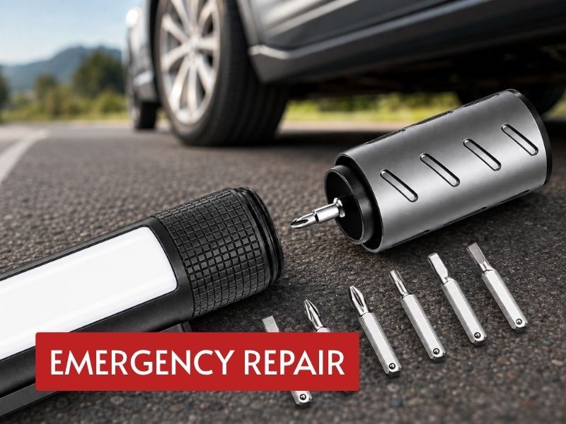 led rechargeable flashlight with built-in screwdriver bits used for small roadside repair beside a vehicle