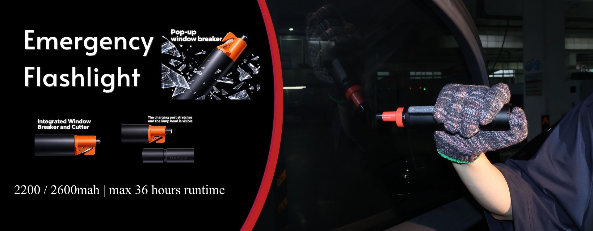 emergency flashlight with cutter showing pop-up window breaker, integrated seat belt cutter and roadside rescue use