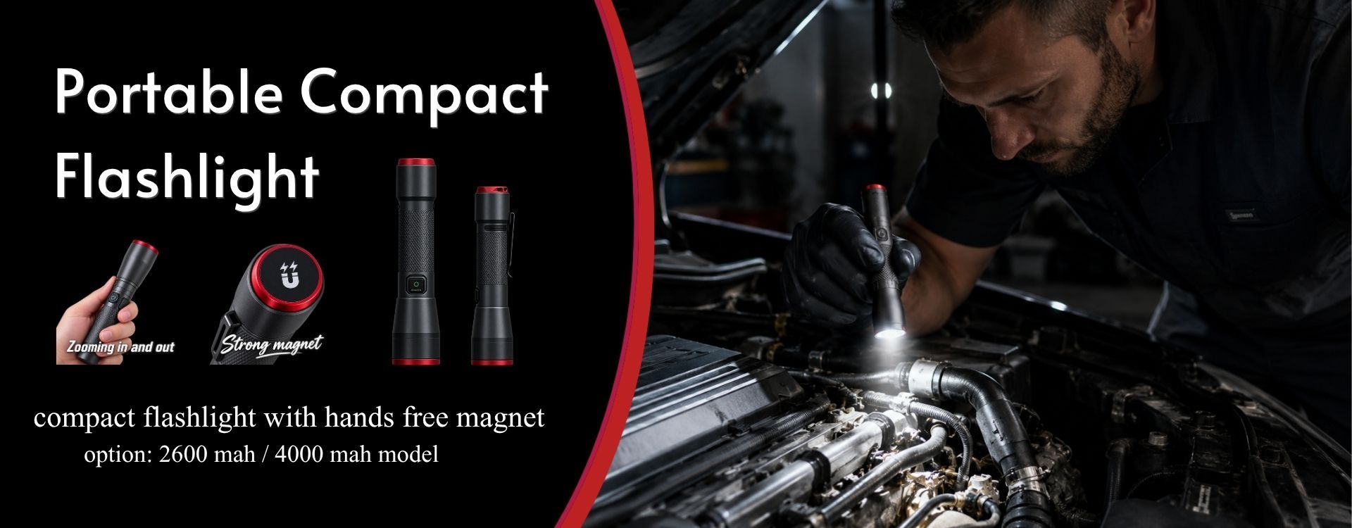 pocket flashlight with adjustable beam and strong magnetic tail used for close automotive inspection