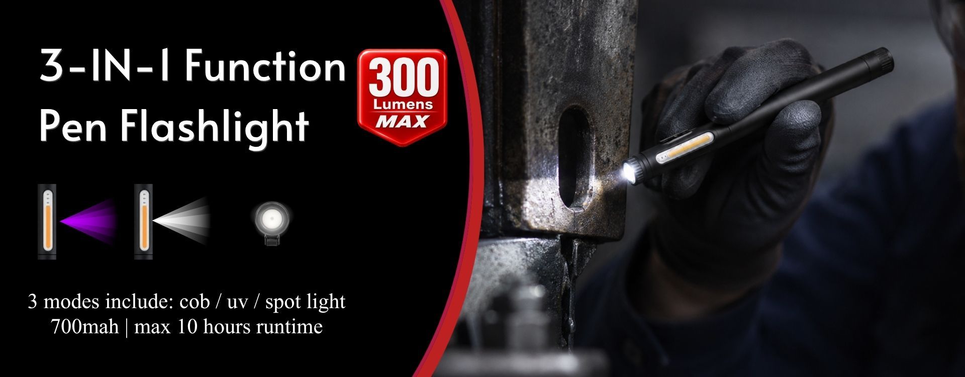 uv pen light with white COB, UV mode and CREE XTE spot light used for close industrial inspection