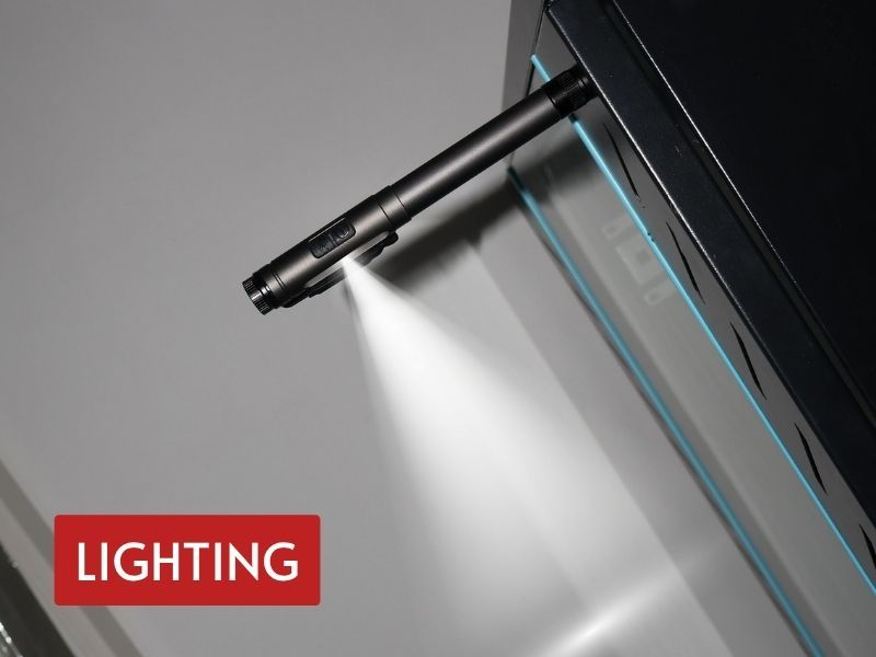 uv led pen light magnetically mounted to provide white task lighting beside equipment