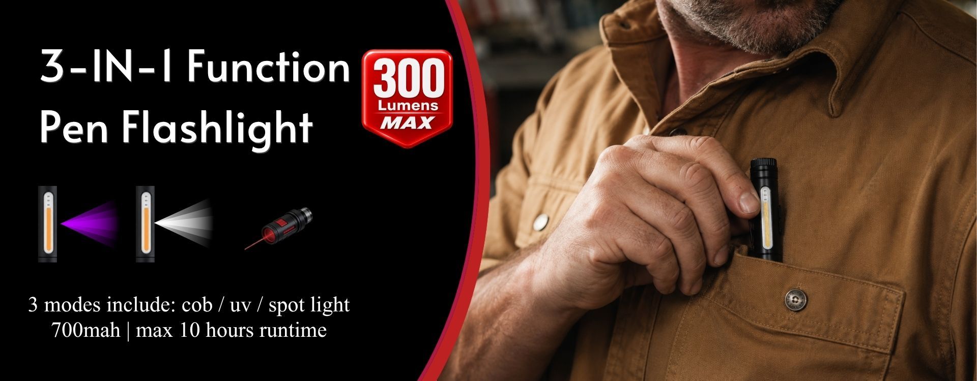 laser pen light with red laser pointer, COB white light and UV mode in a compact inspection pen design