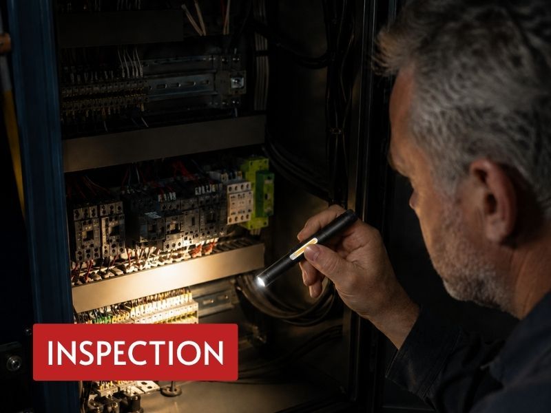 laser pen flashlight used by a technician for close inspection inside an electrical control cabinet