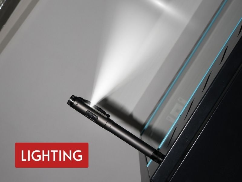 laser pen lights magnetically positioned to provide focused white task lighting beside equipment