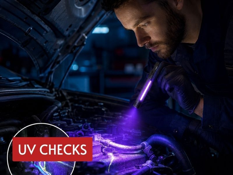 pen light with laser pointer and UV function used to check fluorescent traces in an automotive engine bay