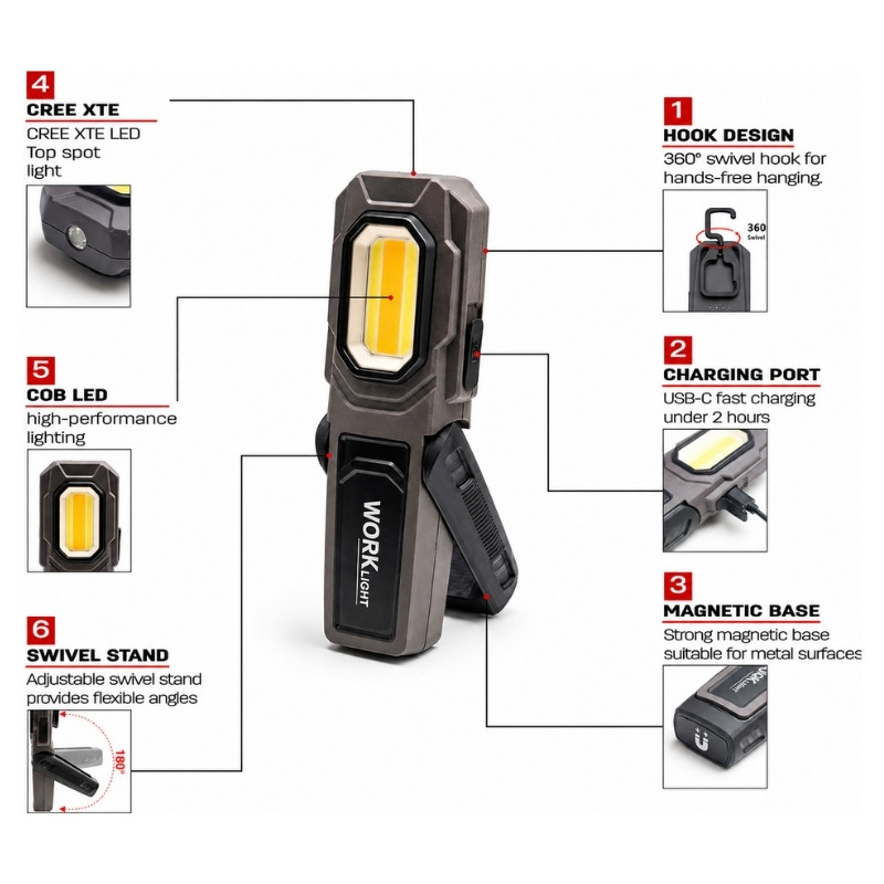 detailing inspection light with magnetic base adjustable stand and rotating hook