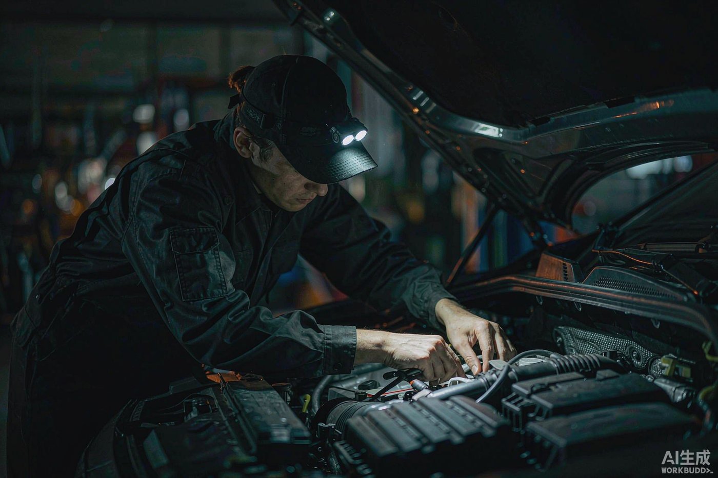 Automotive technician using a Custom Headlamp under the hood