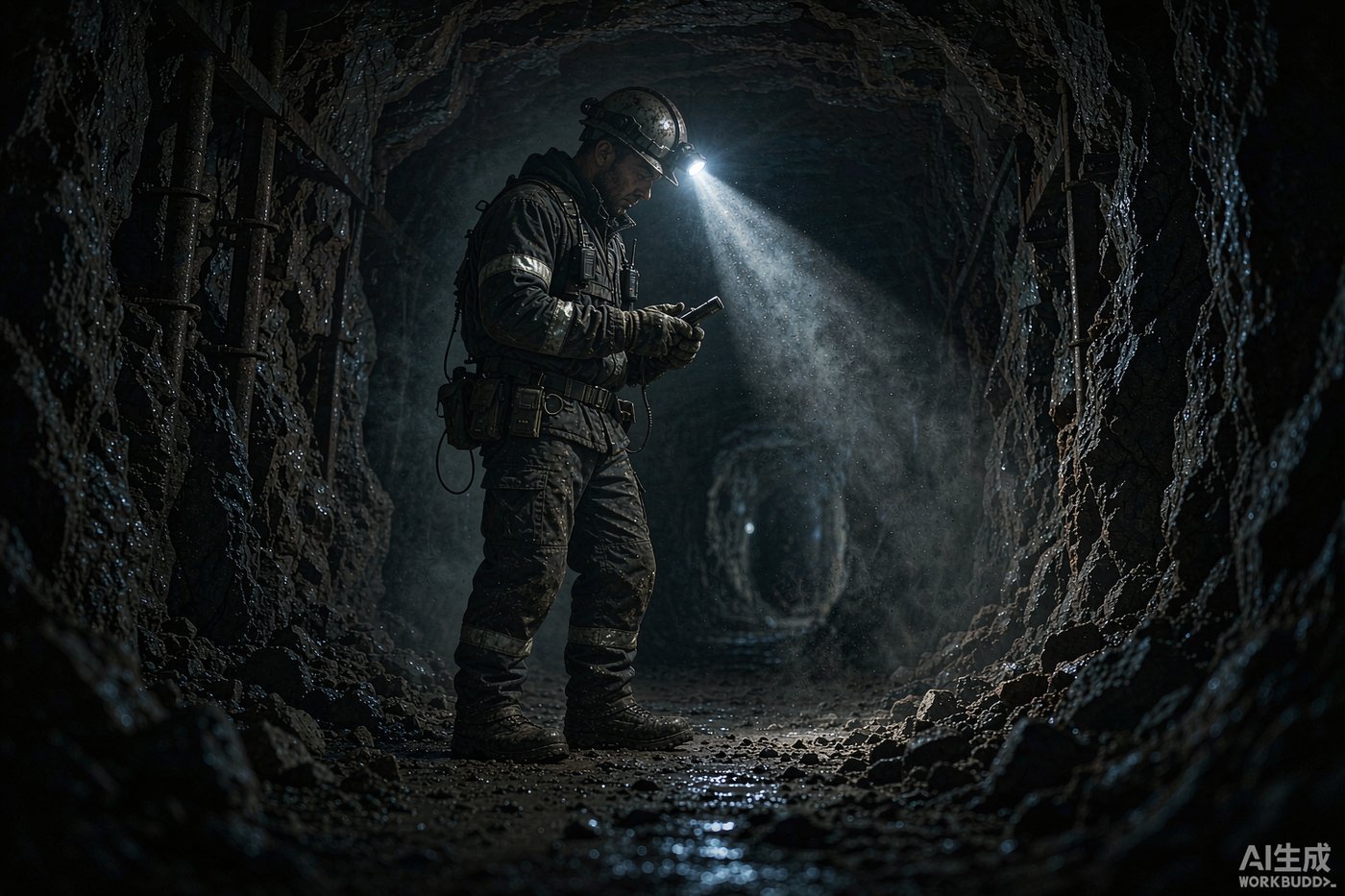 Industrial worker with a Custom Headlamp in a tunnel