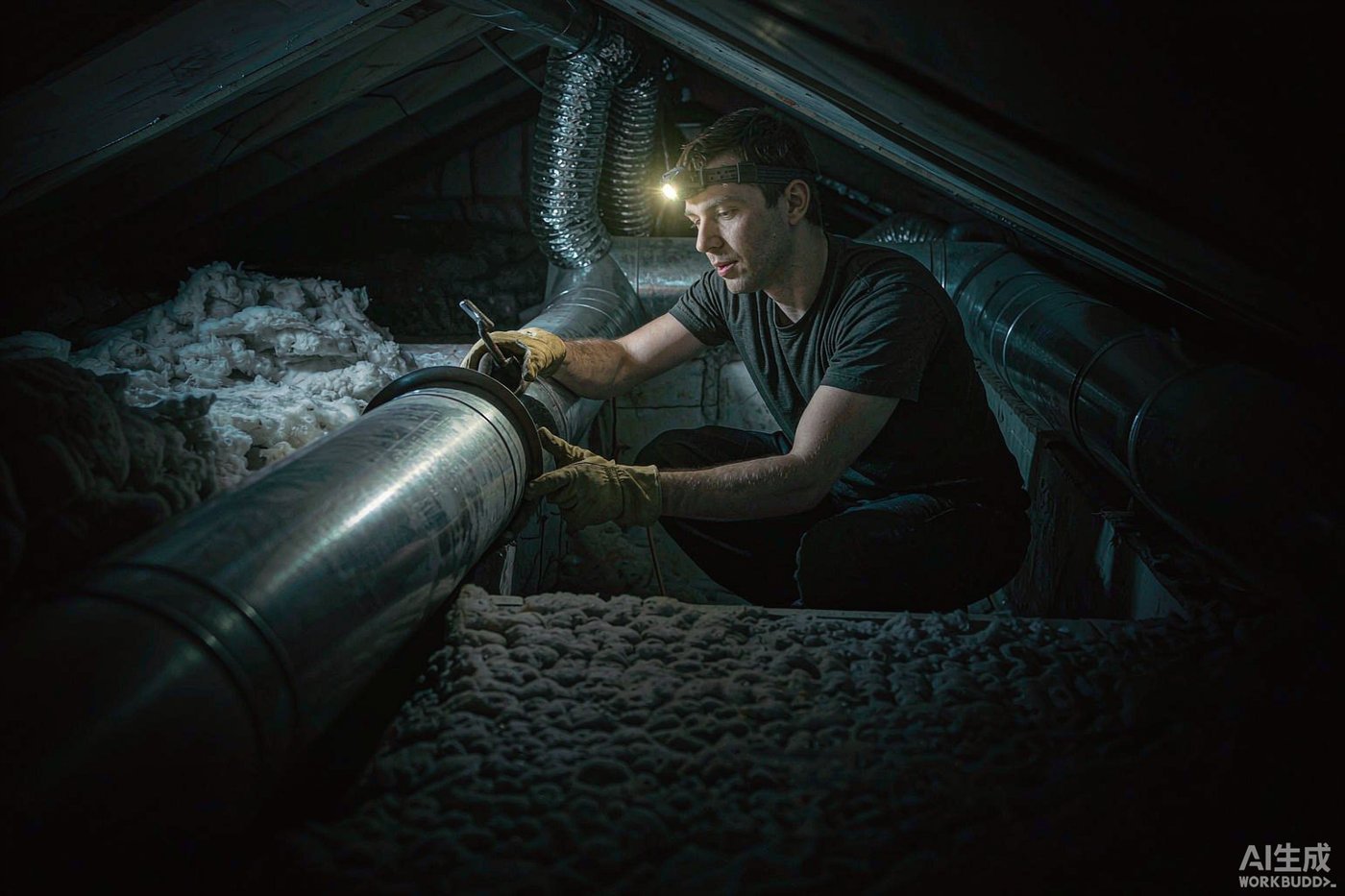 HVAC technician using a Custom Headlamp in an attic