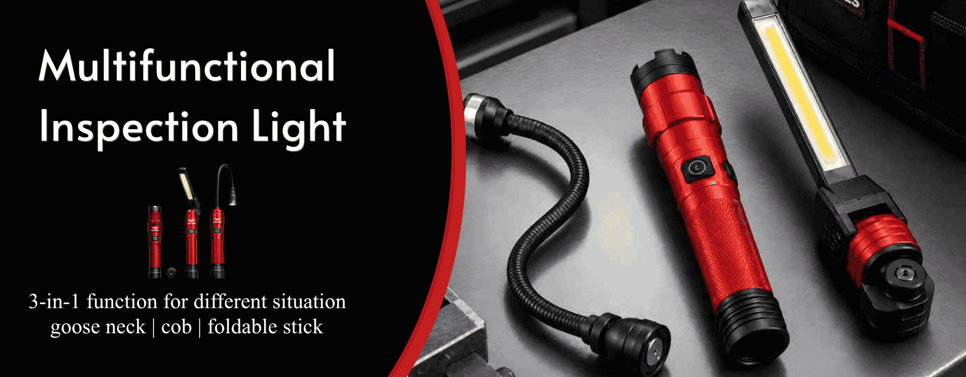 rechargeable inspection light with cob led folding stick and flexible gooseneck