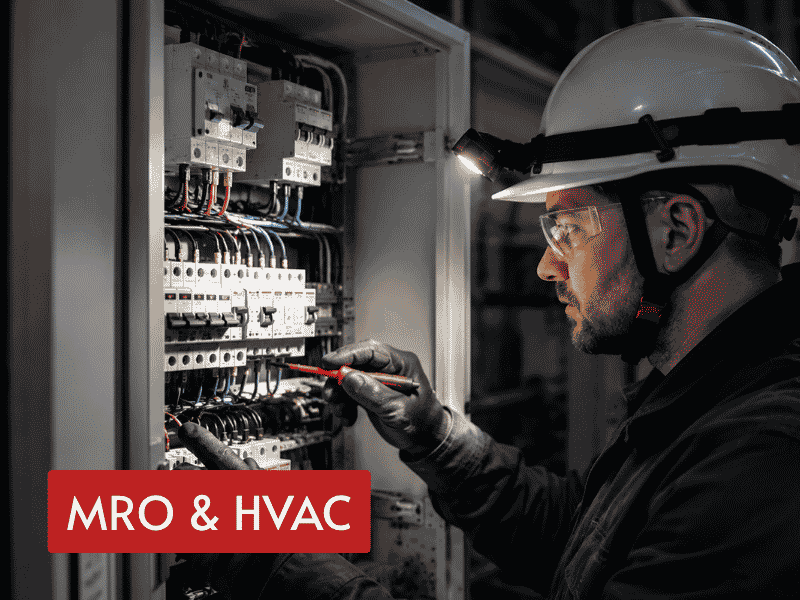 compact rechargeable headlamp used by a technician servicing an electrical control cabinet