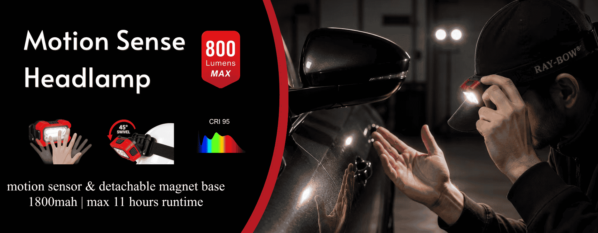 800 lumen LED rechargeable headlamp with motion sensor, CRI 95, 45 degree swivel and detachable magnetic base for hands-free work