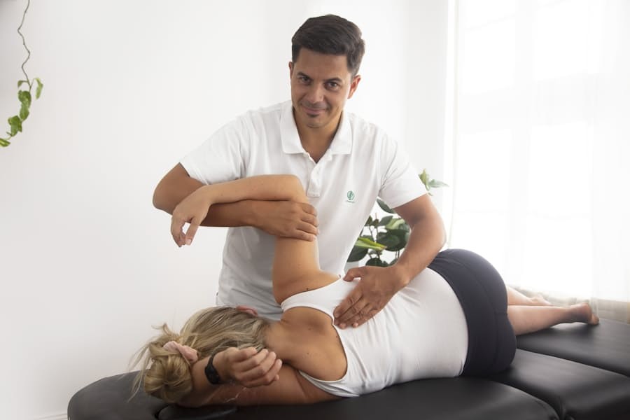 Therapist supporting shoulder recovery in a clinical setting
