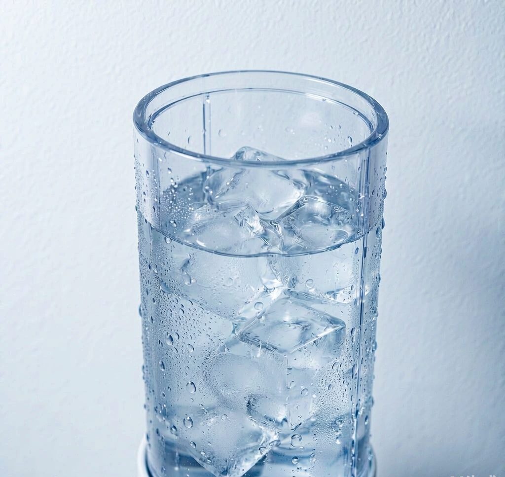 Close-up of the transparent ice reservoir showing ice and water level