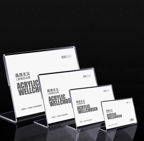 JE-1 Horizontal L Shaped Acrylic Sign Holder Desktop Display Stand for Retail Price Tag Display