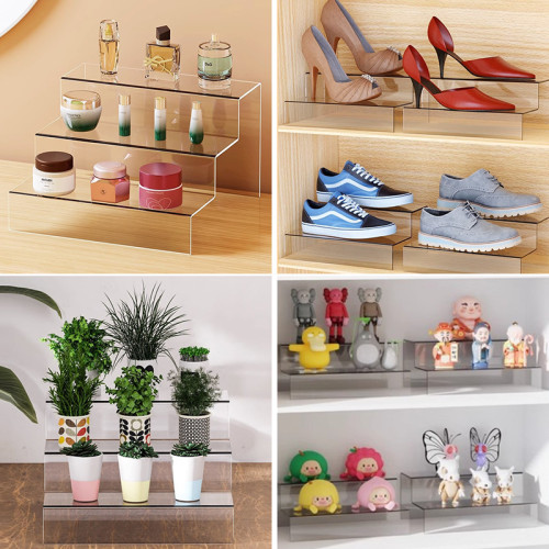 JE-32 Clear Acrylic Display Risers Tiered Stand for Collectibles Cosmetics Retail Showcase