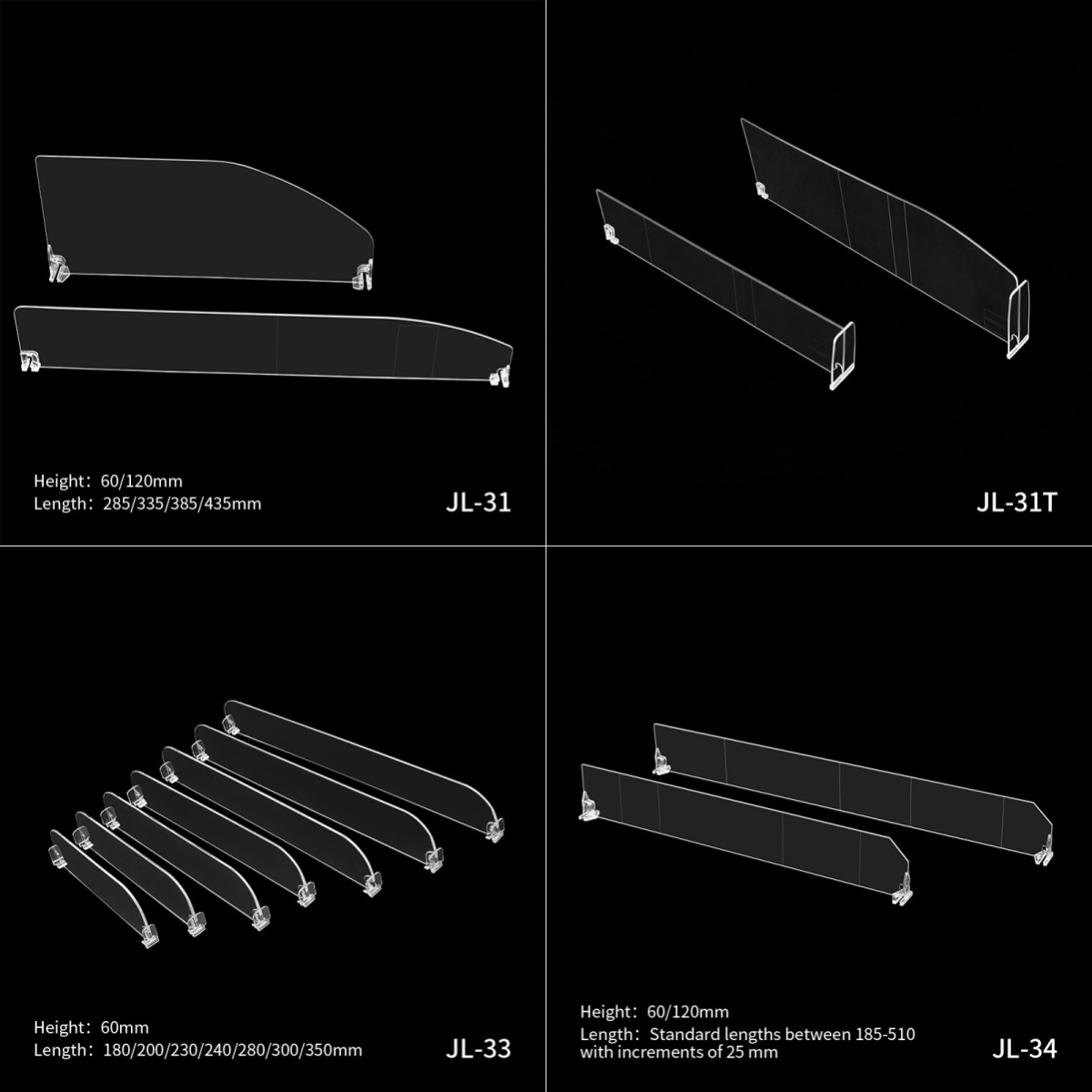 One-piece fixed shelf dividers (JL-31 / JL-31T, JL-33, JL-34)