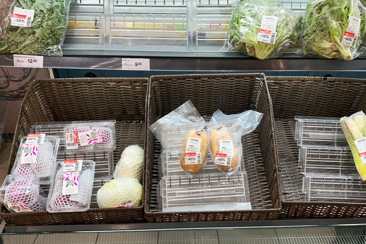 wicker-style baskets and tiered display racks