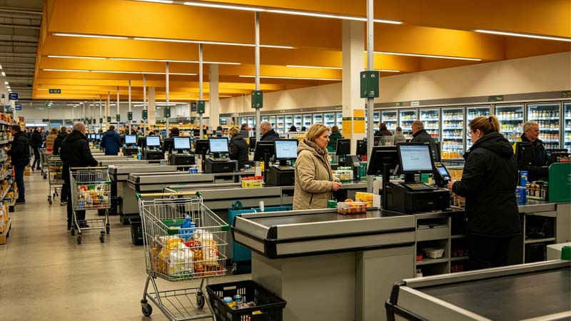 Modern grocery store checkout area with organized product displays