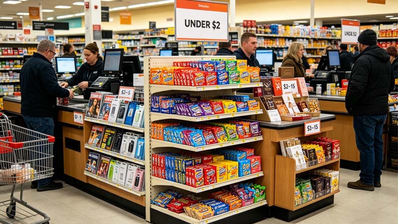 Well-organized retail checkout counter with product displays