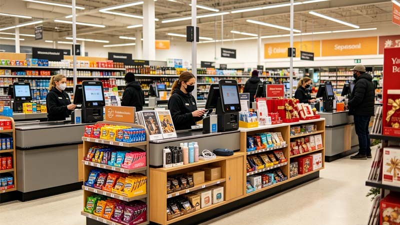 Commercial refrigerator display in modern retail checkout area