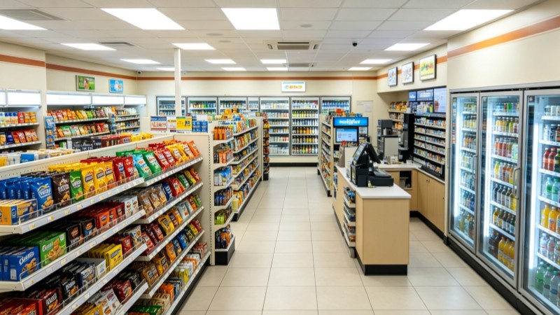 Convenience store aisle with high-density shelf merchandising displays