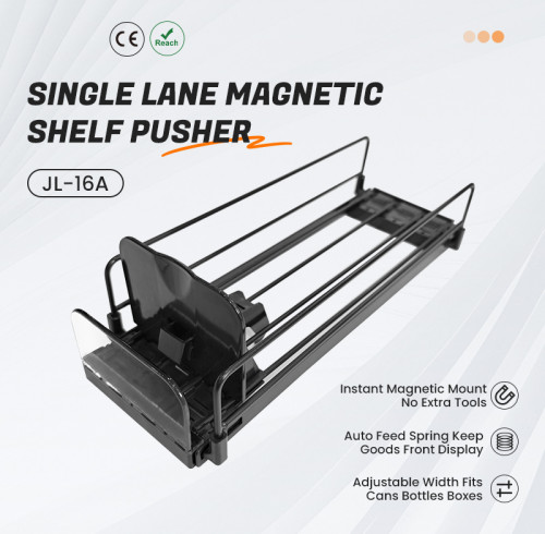 JL-16A Single Lane Magnetic Shelf Pusher | Spring Loaded | for Supermarket Merchandising Display