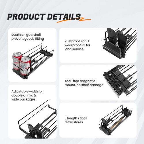 JL-16B Dual Lane Magnetic Shelf Pusher | Automatic Beverage Organizer | for Supermarket Merchandising