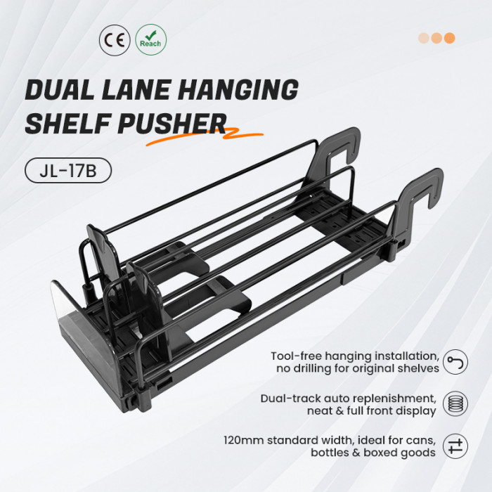 JL-17B Dual Lane Hanging Shelf Pusher | Hook on Installation | for Supermarket Merchandising Display