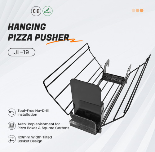 JL-19 Hanging Pizza Pusher | Hook on Installation | for Supermarket Gondola Shelf Frozen Pizza Box