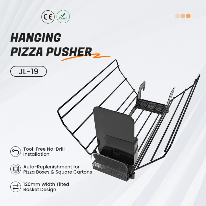 JL-19 Hanging Pizza Pusher | Hook on Installation | for Supermarket Gondola Shelf Frozen Pizza Box