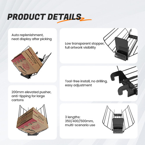 JL-19 Hanging Pizza Pusher | Hook on Installation | for Supermarket Gondola Shelf Frozen Pizza Box