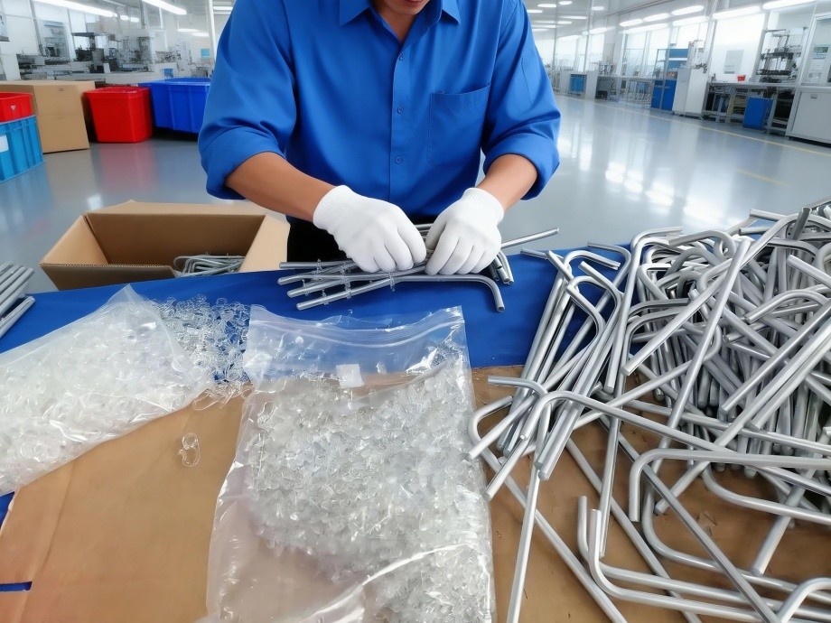 Technicians assembling metal and plastic display components together on the production line