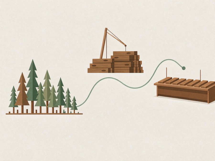 Illustrative graphic of a wood supply chain from forest to retail display