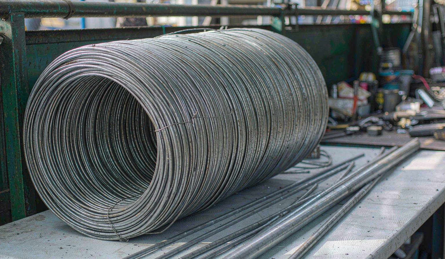 Coil of steel wire and straightened wire rods of different diameters on a factory bench