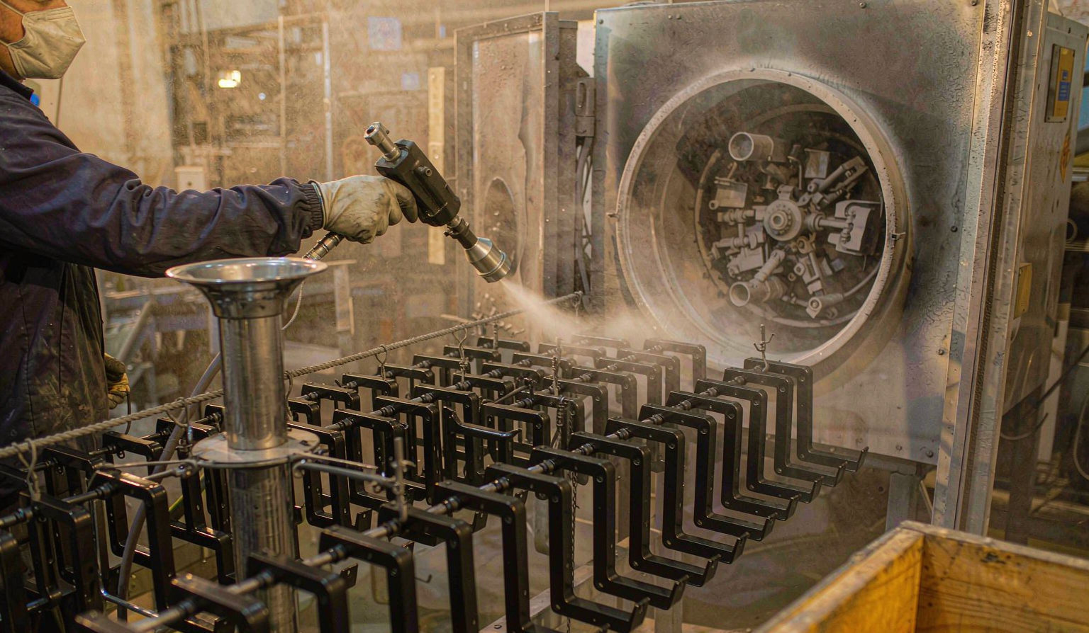 Worker applying electrostatic powder coating to a rack of black metal display hooks